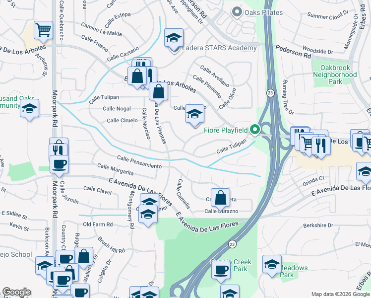 map of restaurants, bars, coffee shops, grocery stores, and more near 1306 Calle Bouganvilla in Thousand Oaks