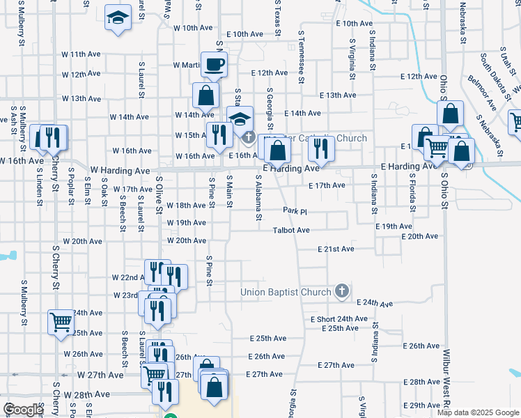 map of restaurants, bars, coffee shops, grocery stores, and more near 205 Park Place in Pine Bluff