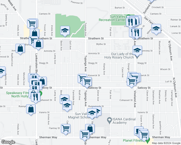 map of restaurants, bars, coffee shops, grocery stores, and more near 7711 Bakman Avenue in Los Angeles