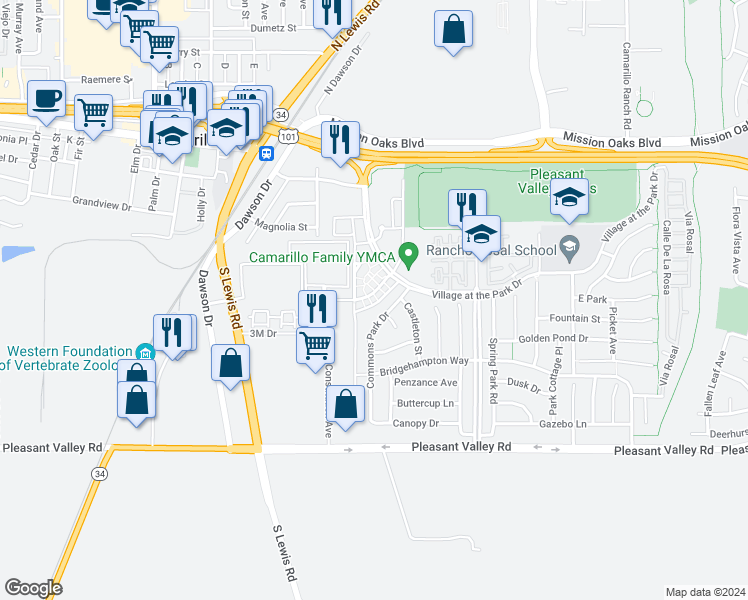 map of restaurants, bars, coffee shops, grocery stores, and more near 358 Westpark Court in Camarillo