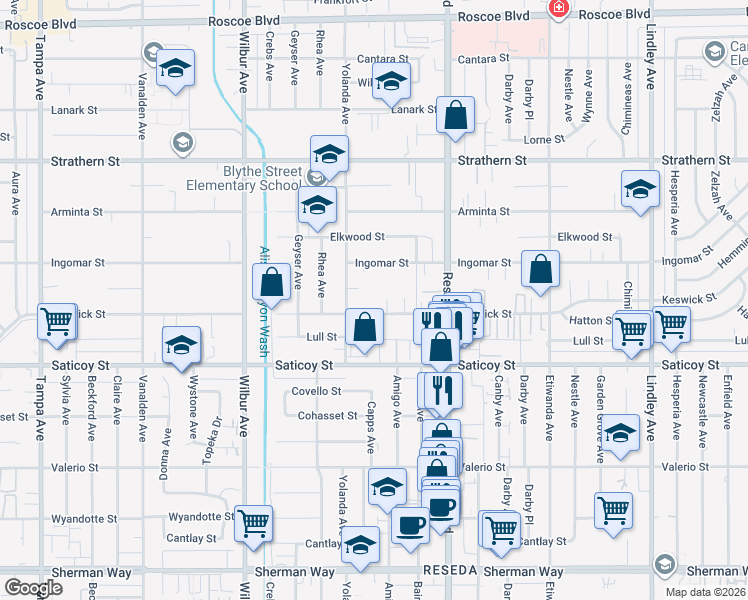 map of restaurants, bars, coffee shops, grocery stores, and more near 18627 Keswick Street in Los Angeles