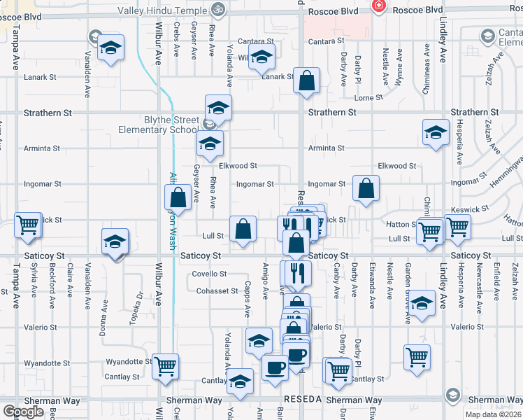 map of restaurants, bars, coffee shops, grocery stores, and more near 18601 Keswick Street in Los Angeles