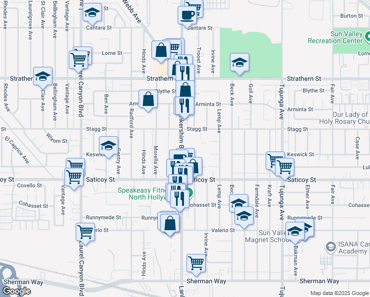 map of restaurants, bars, coffee shops, grocery stores, and more near 7712 Lankershim Boulevard in Los Angeles