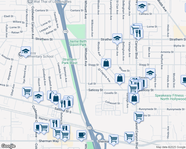 map of restaurants, bars, coffee shops, grocery stores, and more near 7712 Wilkinson Avenue in Los Angeles