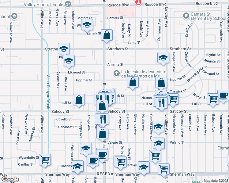 map of restaurants, bars, coffee shops, grocery stores, and more near 18435 Keswick Street in Los Angeles
