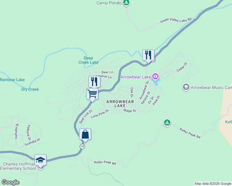 map of restaurants, bars, coffee shops, grocery stores, and more near 2374 Ridge Drive in Running Springs