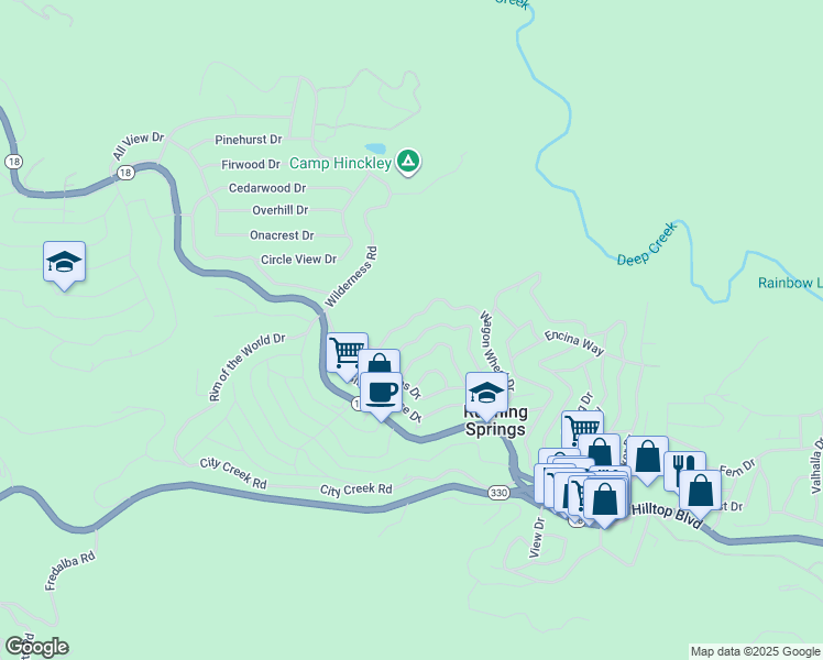 map of restaurants, bars, coffee shops, grocery stores, and more near 31676 Christmas Tree Lane in Running Springs