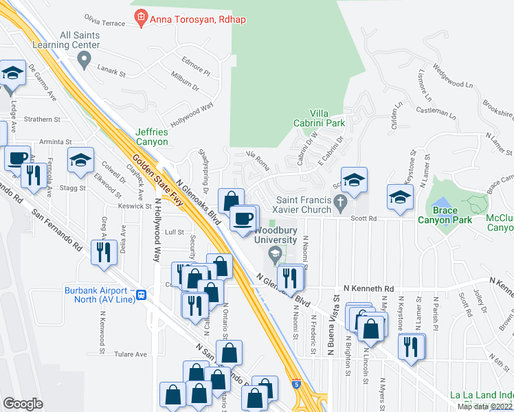 map of restaurants, bars, coffee shops, grocery stores, and more near 7727 Vía Sorrento in Burbank