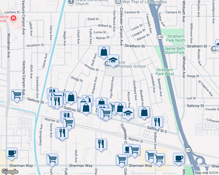 map of restaurants, bars, coffee shops, grocery stores, and more near 7707 Van Noord Avenue in Los Angeles