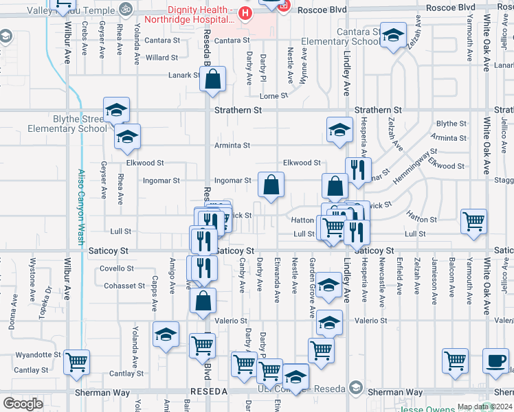 map of restaurants, bars, coffee shops, grocery stores, and more near 18325 Keswick Street in Los Angeles