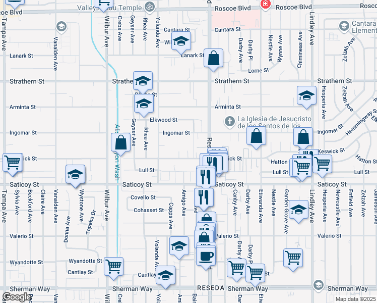 map of restaurants, bars, coffee shops, grocery stores, and more near 7710 Baird Avenue in Los Angeles