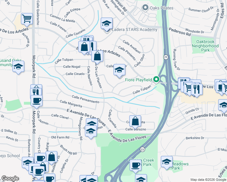 map of restaurants, bars, coffee shops, grocery stores, and more near 1306 Calle Bouganvilla in Thousand Oaks