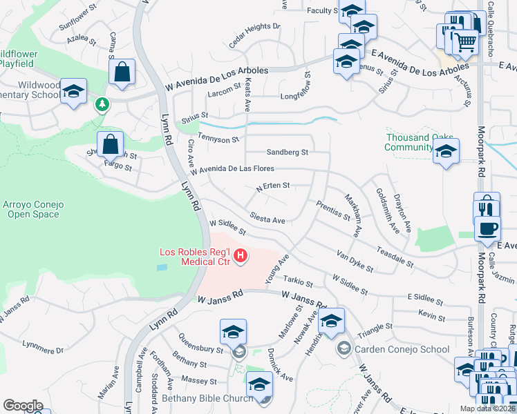 map of restaurants, bars, coffee shops, grocery stores, and more near 277 Siesta Avenue in Thousand Oaks