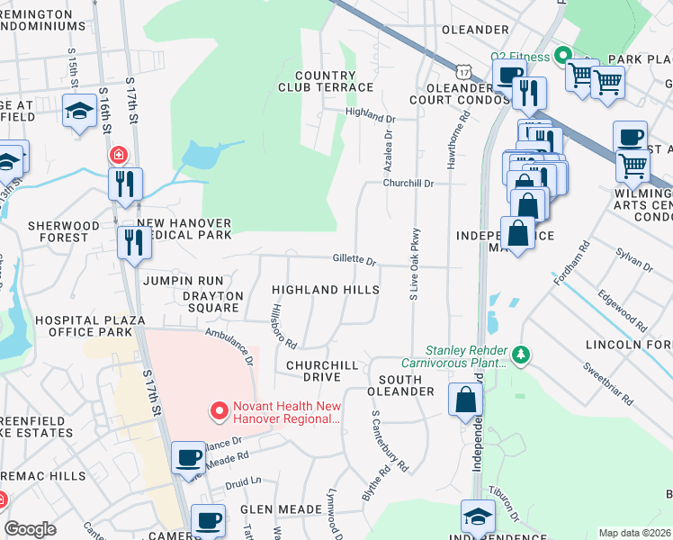 map of restaurants, bars, coffee shops, grocery stores, and more near 2302 Gillette Drive in Wilmington