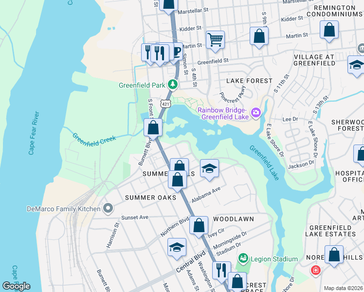 map of restaurants, bars, coffee shops, grocery stores, and more near 1848 West Lake Shore Drive in Wilmington