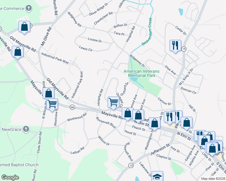 map of restaurants, bars, coffee shops, grocery stores, and more near 364 Orchard Circle in Commerce