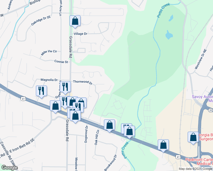 map of restaurants, bars, coffee shops, grocery stores, and more near 21 Southview Drive in Cartersville