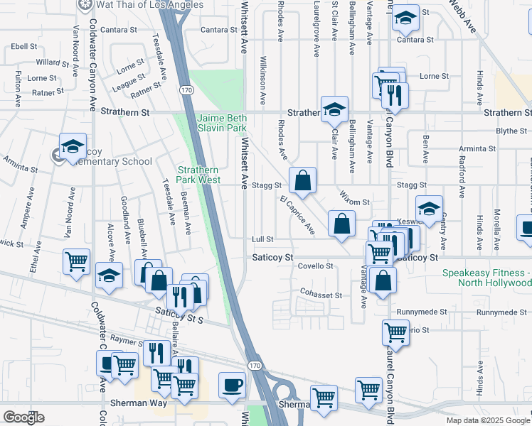 map of restaurants, bars, coffee shops, grocery stores, and more near 7712 Wilkinson Avenue in Los Angeles