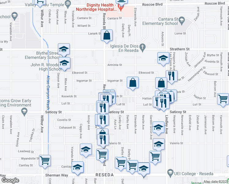 map of restaurants, bars, coffee shops, grocery stores, and more near 18435 Keswick Street in Los Angeles