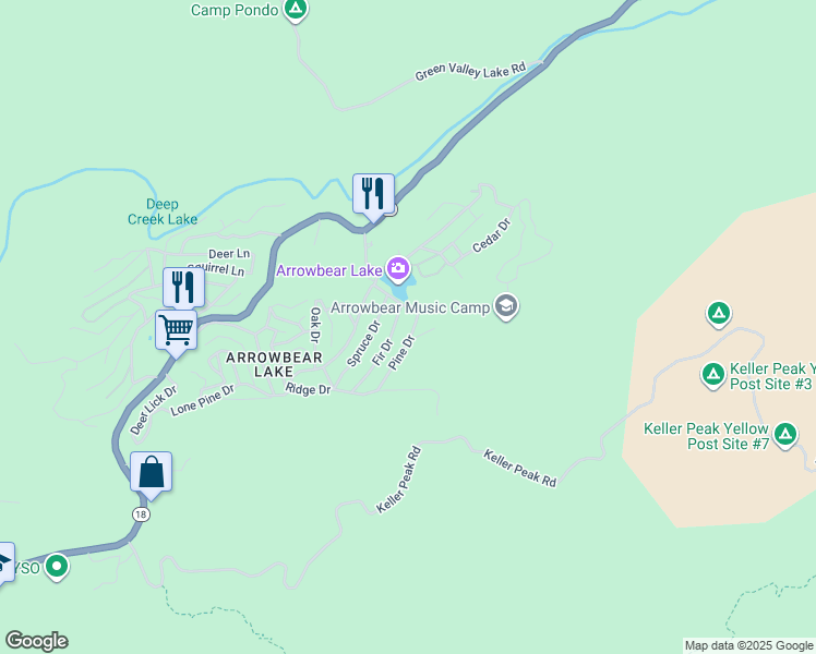 map of restaurants, bars, coffee shops, grocery stores, and more near 2368 Pine Drive in Running Springs