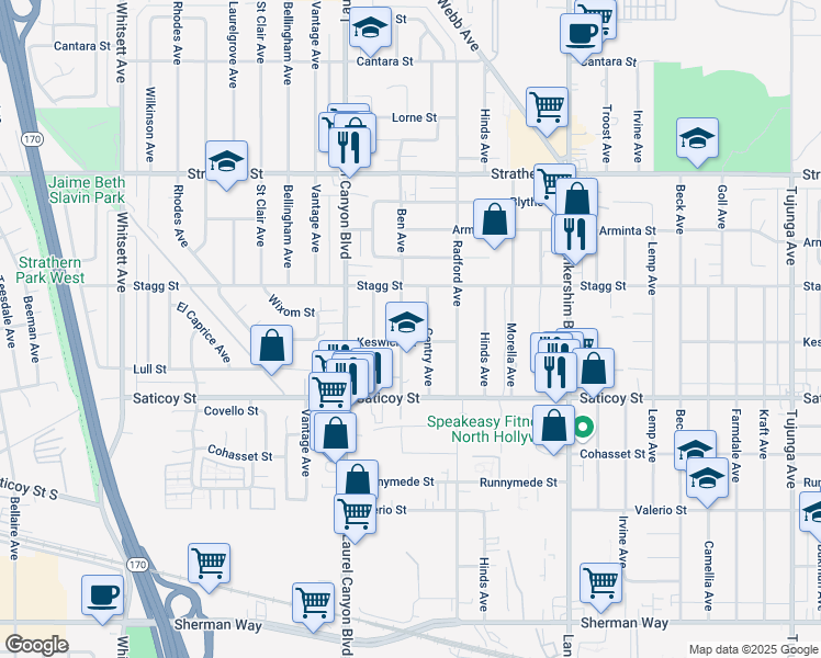 map of restaurants, bars, coffee shops, grocery stores, and more near 7701 Gentry Avenue in Los Angeles