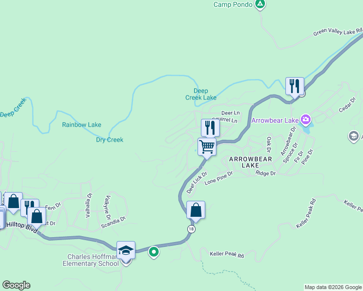 map of restaurants, bars, coffee shops, grocery stores, and more near 32782 Encina Drive in Running Springs