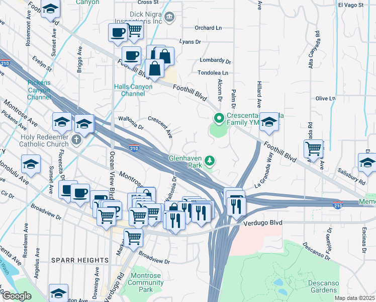 map of restaurants, bars, coffee shops, grocery stores, and more near 2021 Ahlin Drive in La Cañada Flintridge