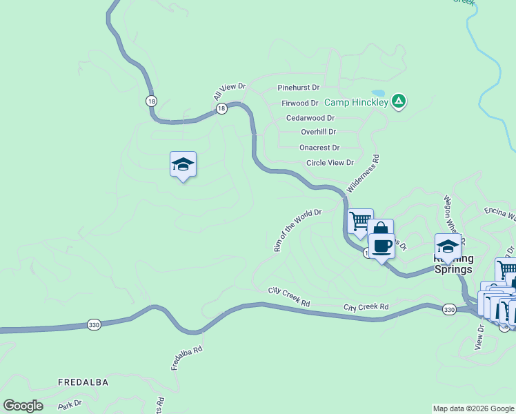 map of restaurants, bars, coffee shops, grocery stores, and more near 2379 Spring Oak Drive in Running Springs