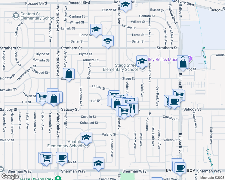 map of restaurants, bars, coffee shops, grocery stores, and more near 7714 Lasaine Avenue in Los Angeles