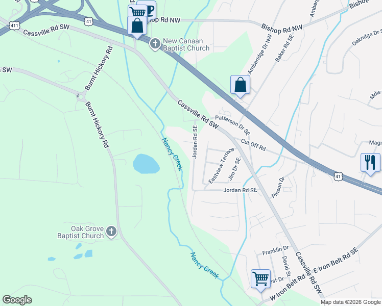 map of restaurants, bars, coffee shops, grocery stores, and more near 273 Jordan Road Southeast in Cartersville