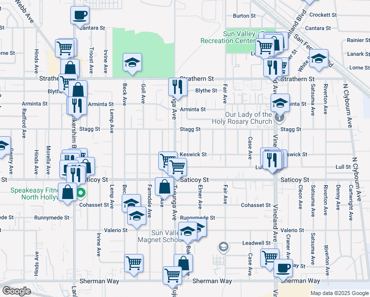 map of restaurants, bars, coffee shops, grocery stores, and more near 7711 Bakman Avenue in Los Angeles
