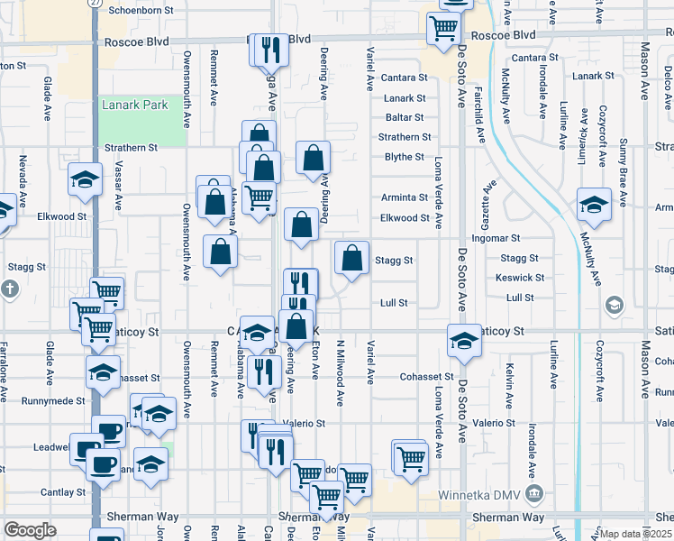 map of restaurants, bars, coffee shops, grocery stores, and more near 7720 Milwood Avenue in Los Angeles
