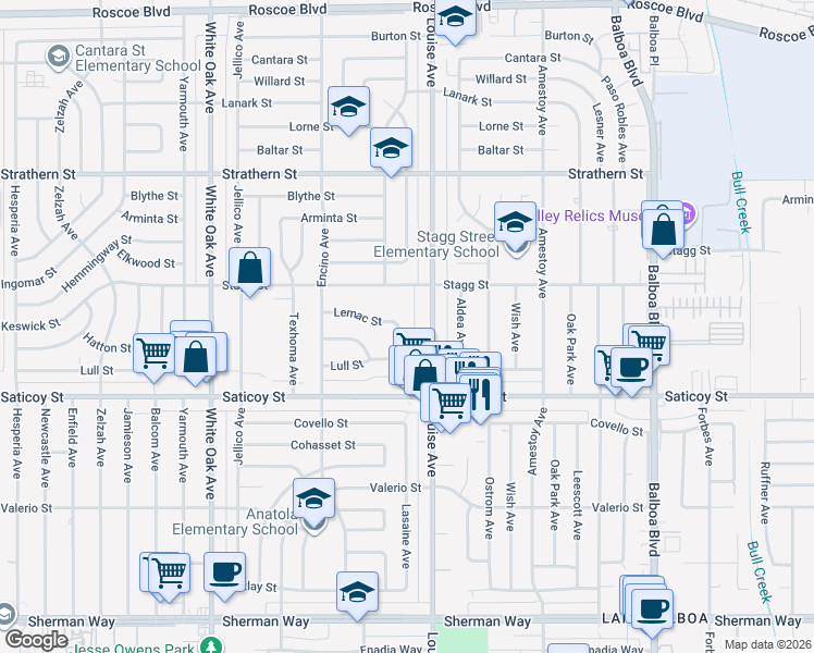 map of restaurants, bars, coffee shops, grocery stores, and more near 7714 Lasaine Avenue in Los Angeles