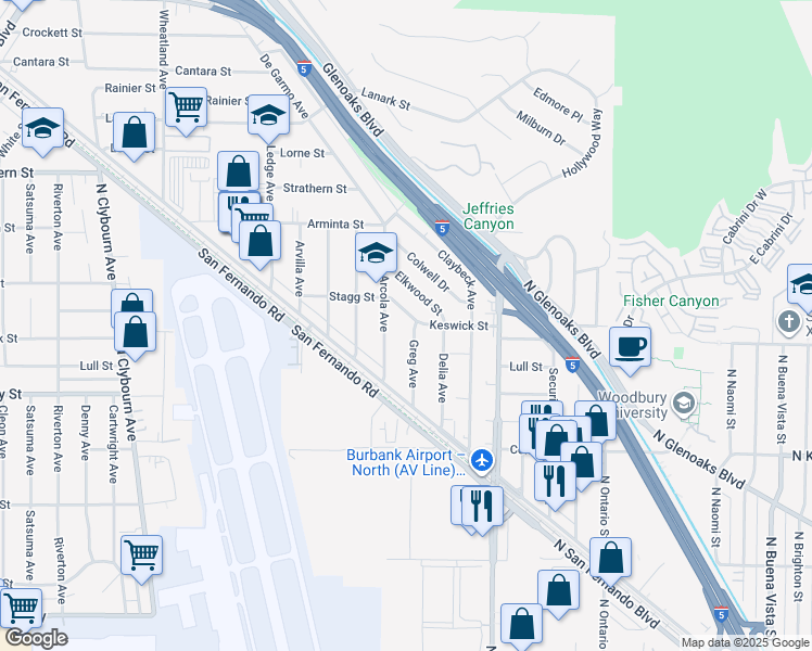 map of restaurants, bars, coffee shops, grocery stores, and more near 10118 Keswick Street in Los Angeles