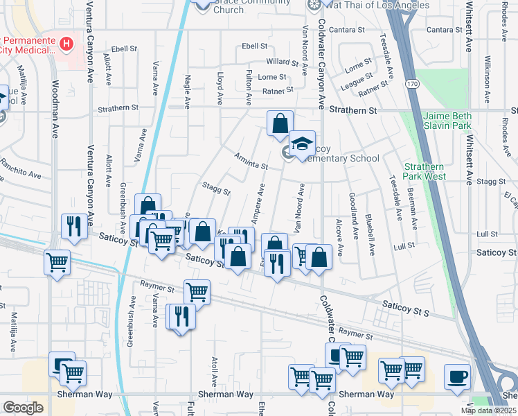 map of restaurants, bars, coffee shops, grocery stores, and more near 7720 Ampere Avenue in Los Angeles