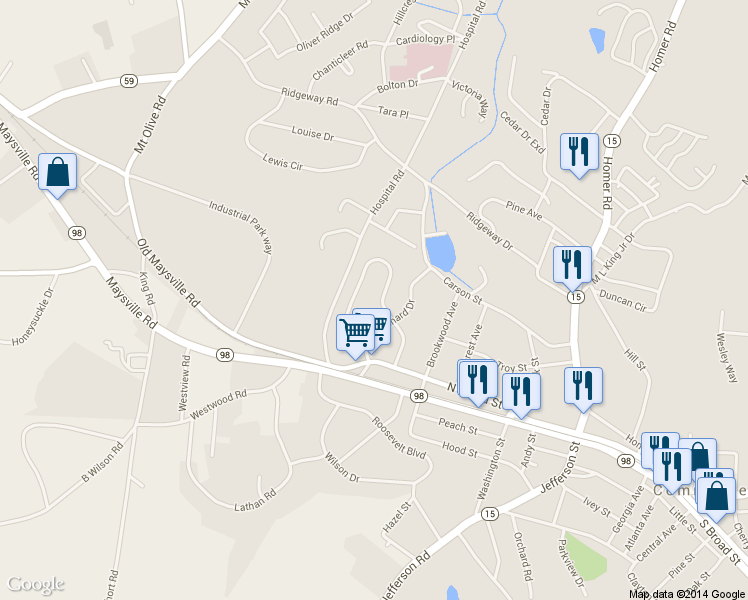 map of restaurants, bars, coffee shops, grocery stores, and more near 364 Orchard Circle in Commerce