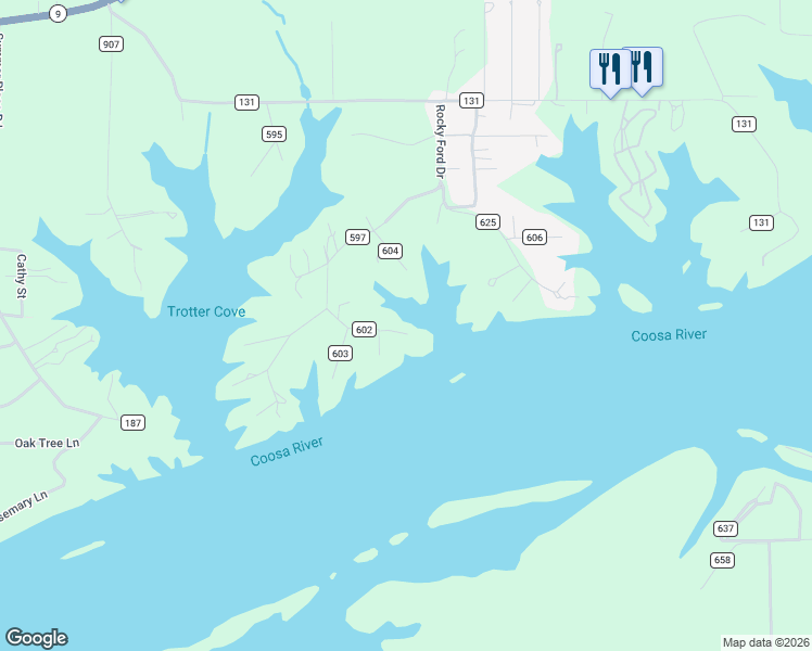 map of restaurants, bars, coffee shops, grocery stores, and more near 167 County Road 602 in Cedar Bluff