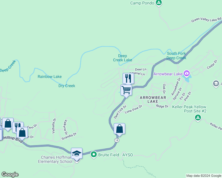 map of restaurants, bars, coffee shops, grocery stores, and more near 32782 Encina Drive in Running Springs