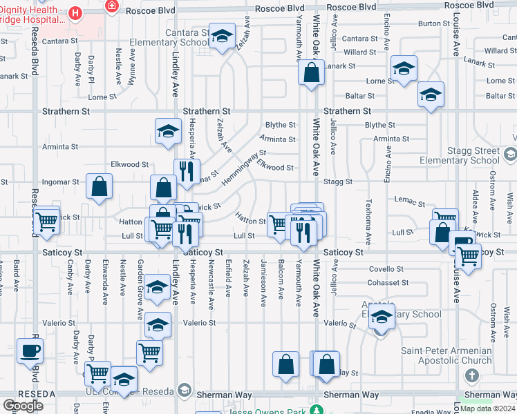 map of restaurants, bars, coffee shops, grocery stores, and more near 7724 Zelzah Avenue in Reseda