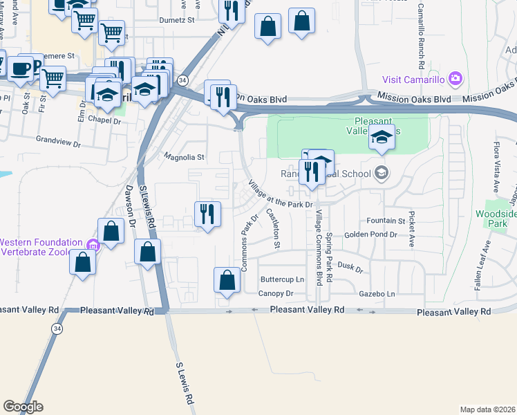 map of restaurants, bars, coffee shops, grocery stores, and more near 358 Westpark Court in Camarillo