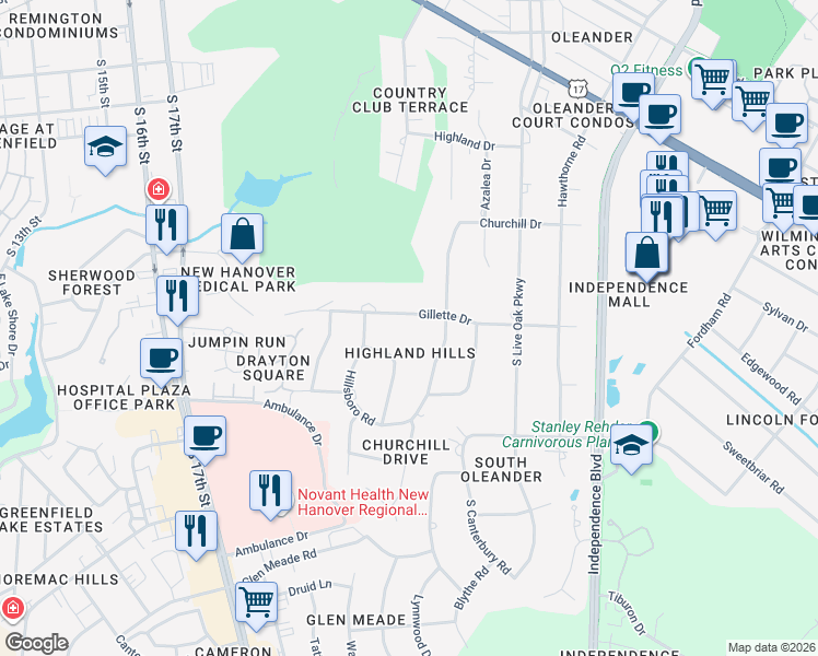 map of restaurants, bars, coffee shops, grocery stores, and more near 2302 Gillette Dr in Wilmington