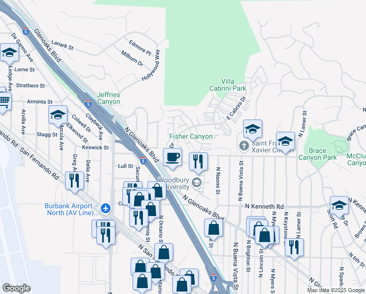 map of restaurants, bars, coffee shops, grocery stores, and more near 9639 Vía Torino in Burbank