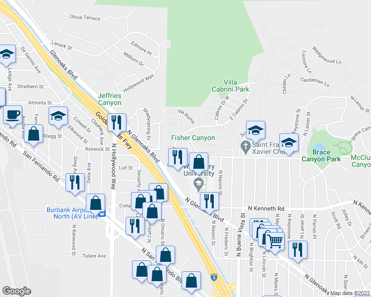 map of restaurants, bars, coffee shops, grocery stores, and more near 7727 Vía Sorrento in Burbank