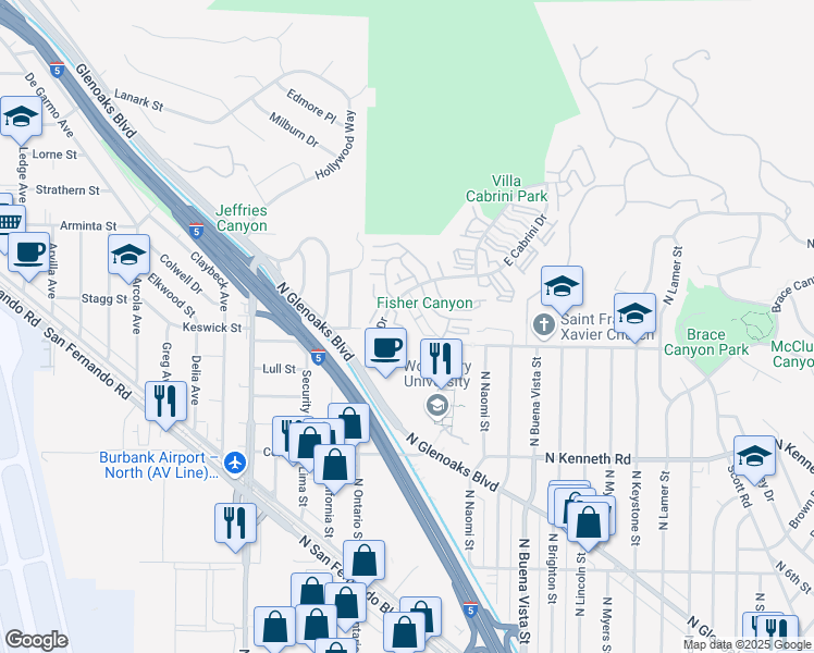 map of restaurants, bars, coffee shops, grocery stores, and more near 7732 Vía Sorrento in Burbank