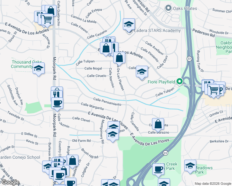 map of restaurants, bars, coffee shops, grocery stores, and more near 1100 Calle Tulipan in Thousand Oaks