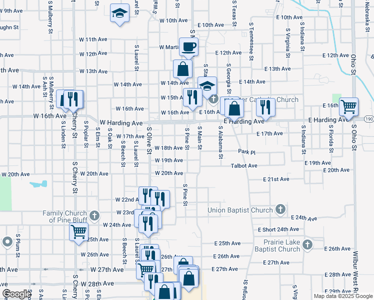 map of restaurants, bars, coffee shops, grocery stores, and more near 1814 South Pine Street in Pine Bluff