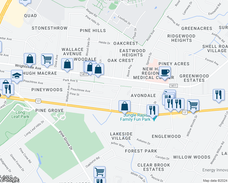 map of restaurants, bars, coffee shops, grocery stores, and more near Belgrave Circle in Wilmington