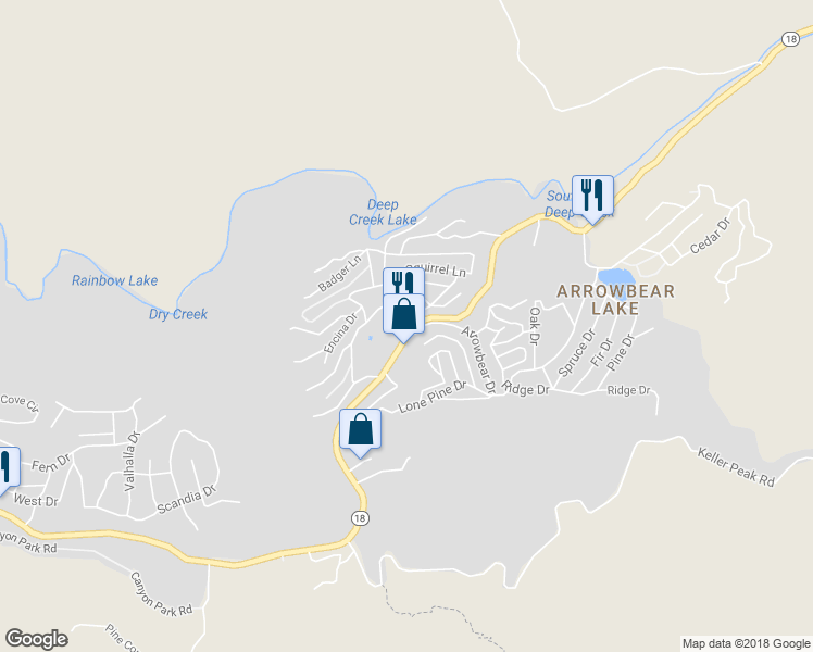 map of restaurants, bars, coffee shops, grocery stores, and more near 32890 Hilltop Boulevard in Running Springs