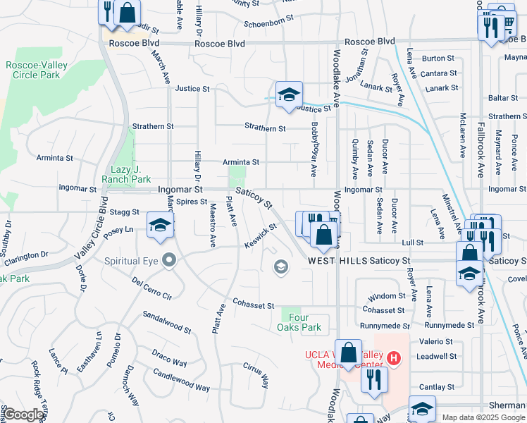 map of restaurants, bars, coffee shops, grocery stores, and more near 7650 Woodhall Avenue in Los Angeles