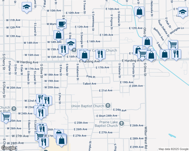 map of restaurants, bars, coffee shops, grocery stores, and more near 405 Park Place in Pine Bluff